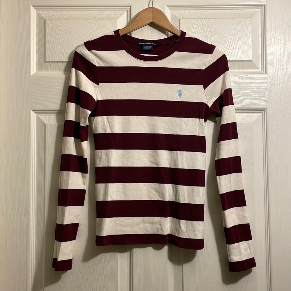 Maroon/White Striped Ralph Lauren Sport Long Sleeve Shirt Size M